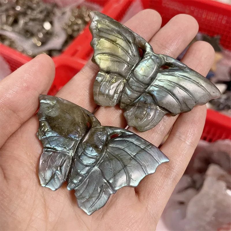 

Natural Labradorite Carving Butterfly Hand-Carved Crafts Ornaments Reiki Minerals Meditation Room Decor Gifts 1pcs