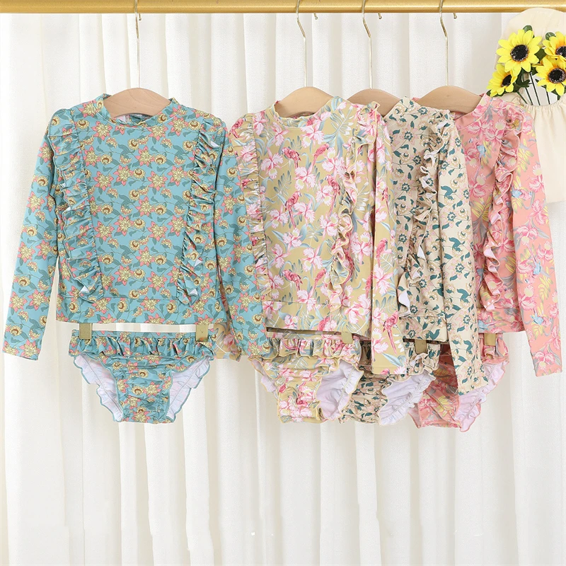 Baby Split Swimsuit Set for Girl Floral Print Ruffled Long Sleeve Top Shorts 2Pcs Suit Spring Summer Kids Clothes Girls Swimwear