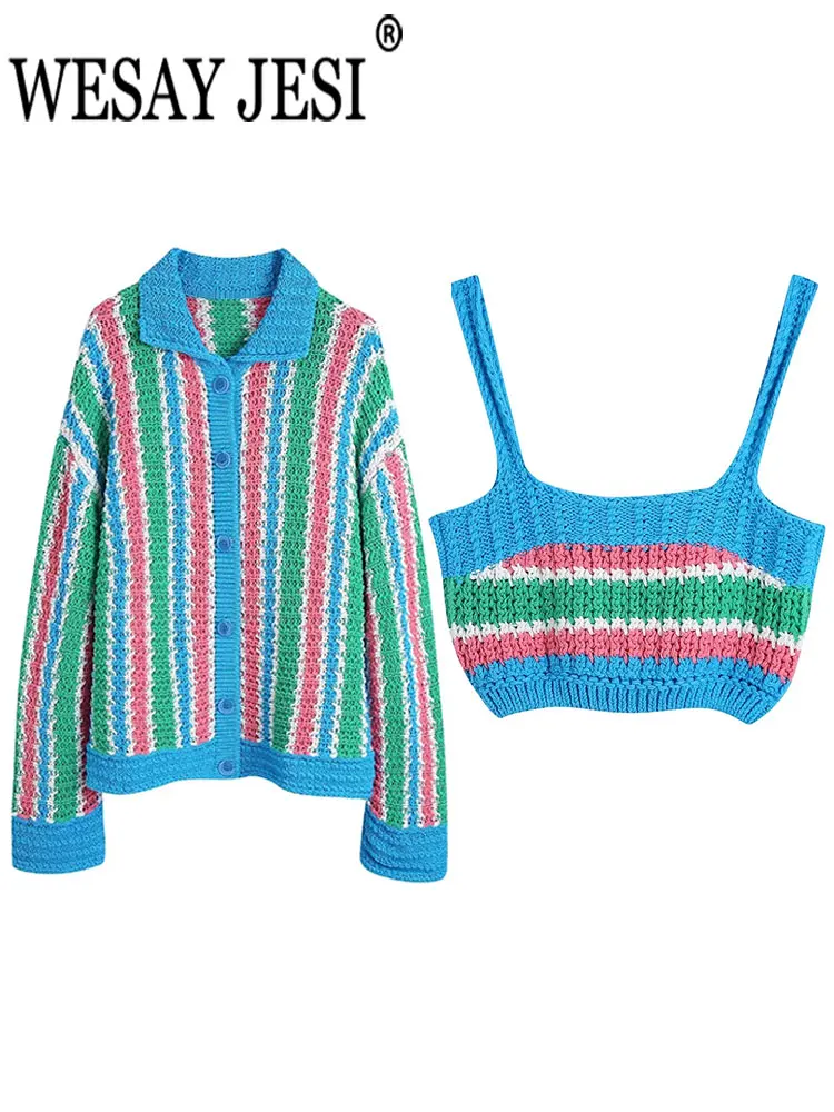 

WESAY JESI Women Suit Cardigan Sweater Vertical Striped Lapel Single Breasted Long Sleeve + Sleeveless Tube Top Sling Short Vest