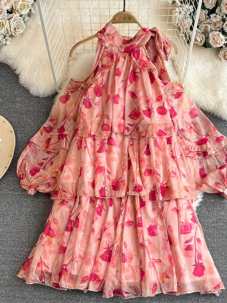 

Летнее женское шифоновое мини-платье с лямкой на шее, женское пляжное платье для отпуска с открытыми плечами и длинным рукавом-фонариком, св...