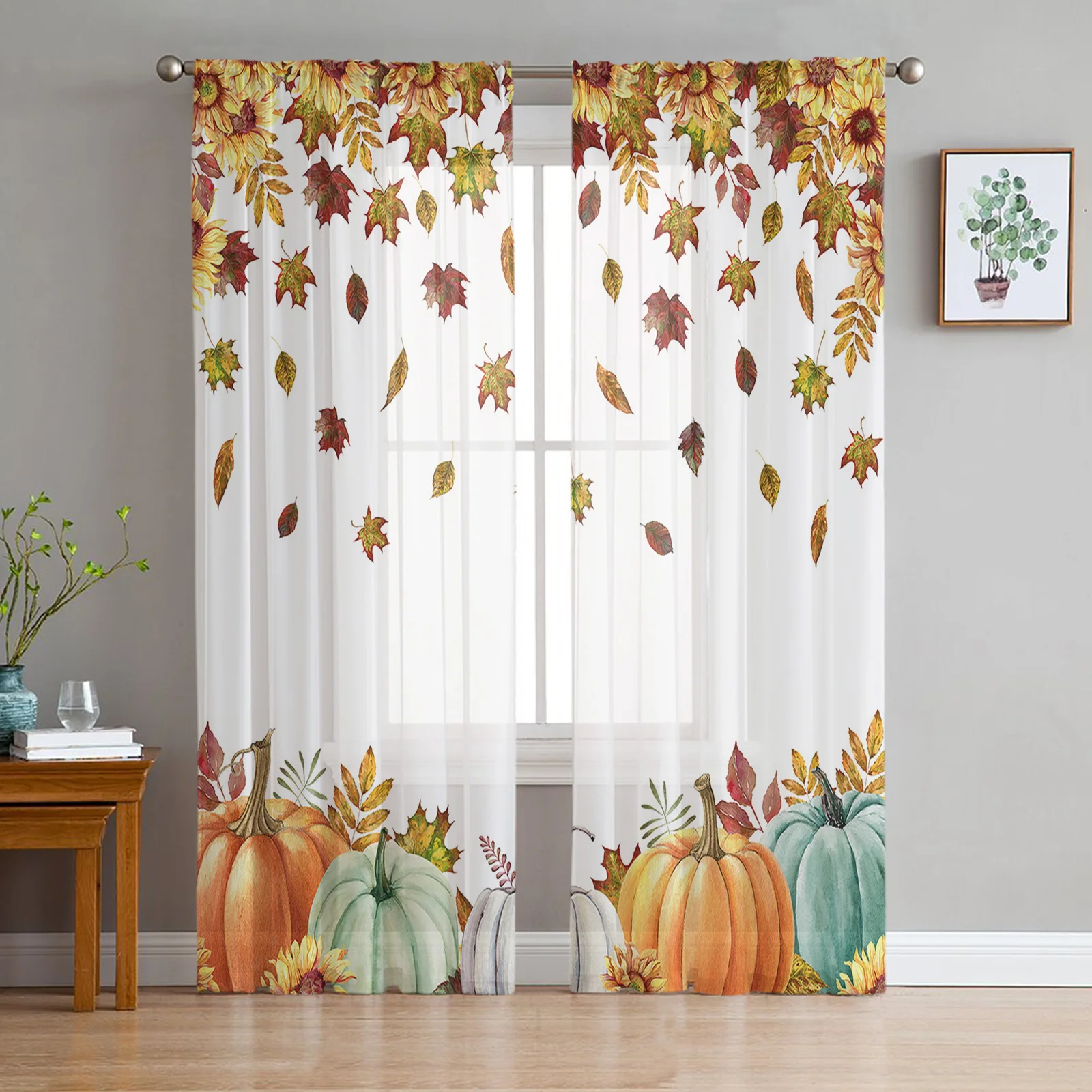 

Thanksgiving Fall Pumpkin Maple Leaf Sheer Curtains for Living Room Bedroom Tulle Curtain for Kitchen Home Decor Window Drapes