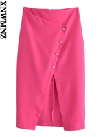 xnwmnz 2022 new women fashion elegant rhinestone buttons midi skirt female vintage high waist front slit summer skirts