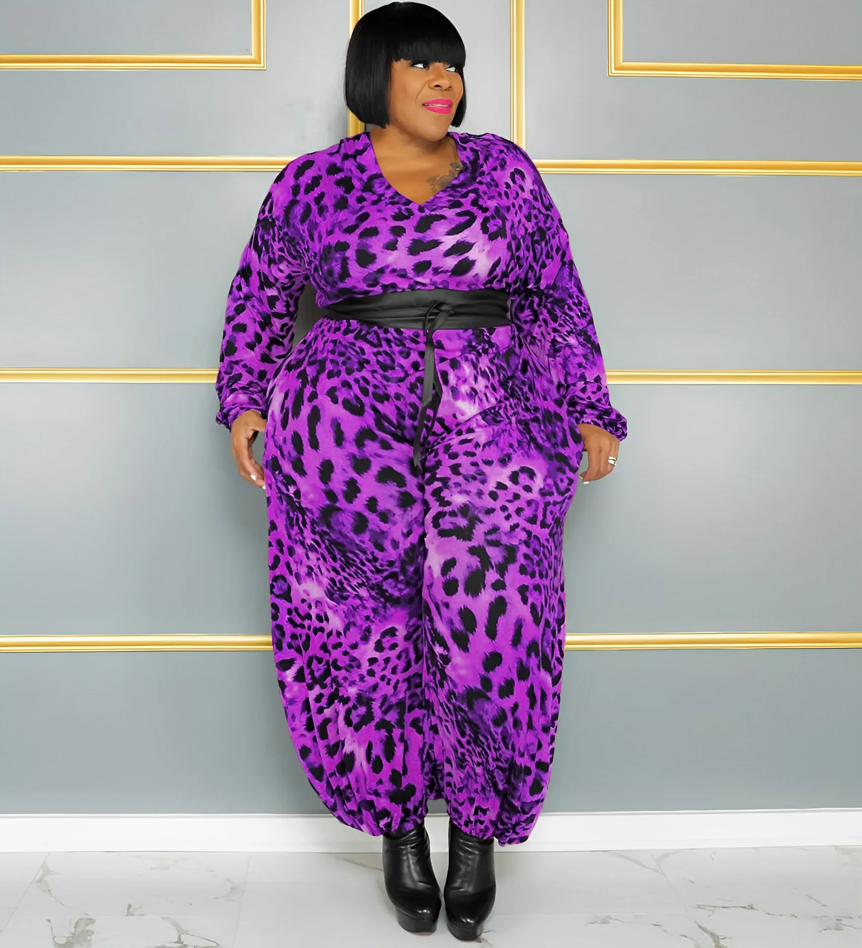 Plus Size Elegant Jumpsuit For Women Leopard Casual One Piece Outfit 2022 Fall Female V Neck Jumpsuit Lady Designer Pants