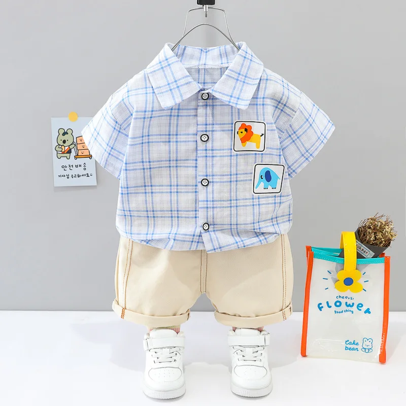 

2022 Summer Boys Clothing Sets Kids Cartoon Plaid Shirt Shorts Shorts 2 Pieces Infant Clothes Children Outfits Baby Costumes