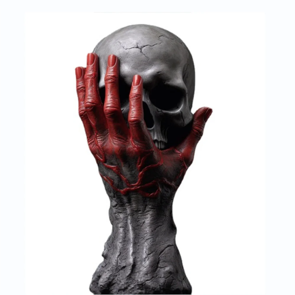 

Gothic Hand resting on skull Resin Figurine Ornament Berserk Hand of God Crafts Sculpture for Halloween Home Decoration