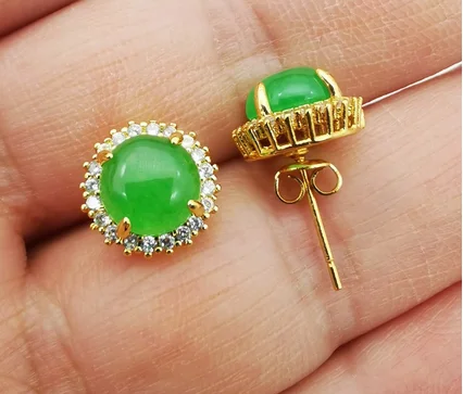 

Charming 8x8MM Green Jade Disc Stone Inlaid Rhinestone Golden Yellow Ear Studs Earrings 1 Pair