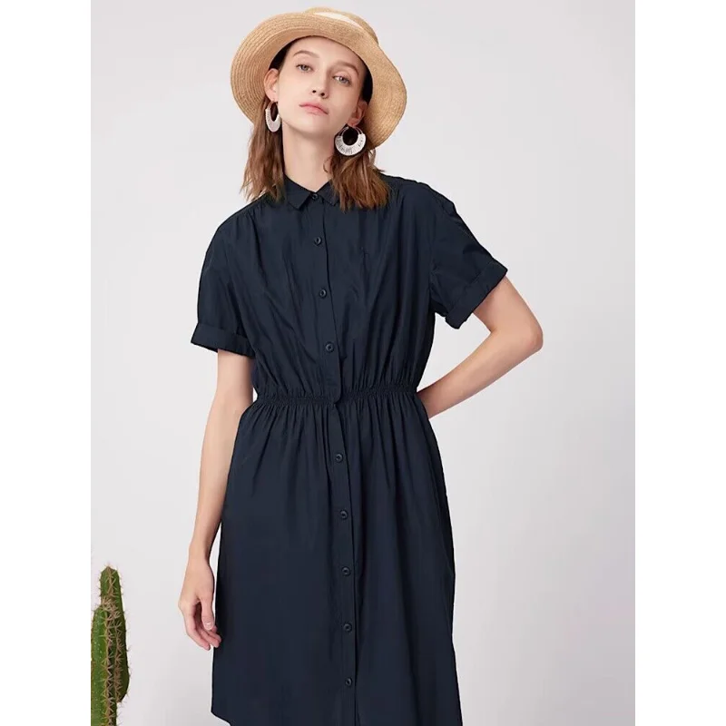 Hazzys Summer Stretch Waist Dresses Women's Mid-length Slim Summer Short-sleeved Shirt Collar Skirt Casual Luxury Brand Clothing