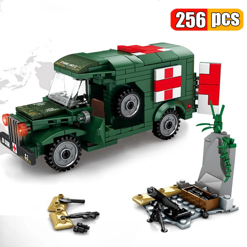 

256Pcs Military US WW2 T214-WC54 Ambulance Building Blocks Army Medical Truck Soldier Rescue Car Bricks Toys Gifts For Children
