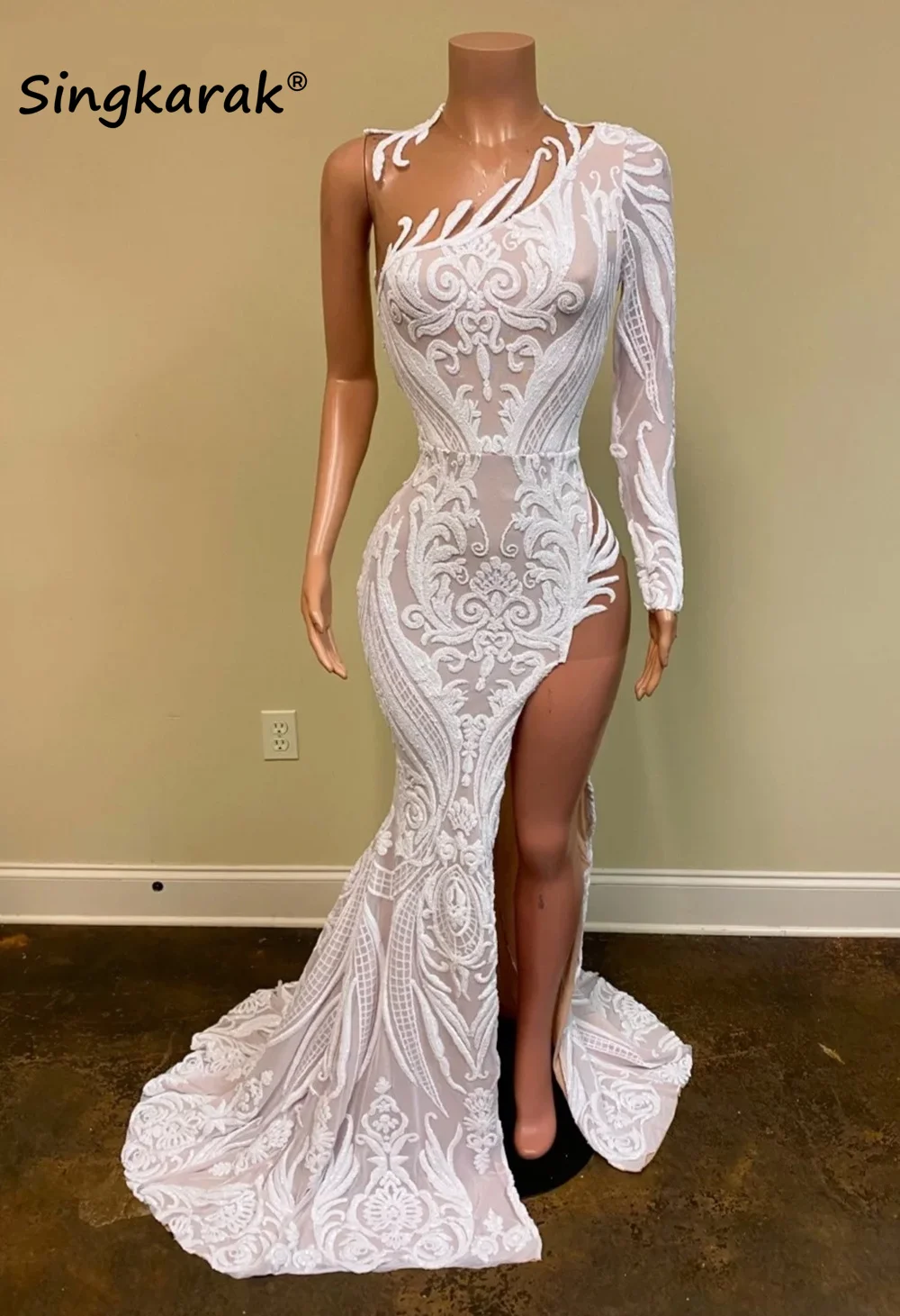 

Glitter Sexy Sequins African Prom Dresses One Sleeve O Neck Birthday Party Dress Evening Gowns Formal Robe De Bal