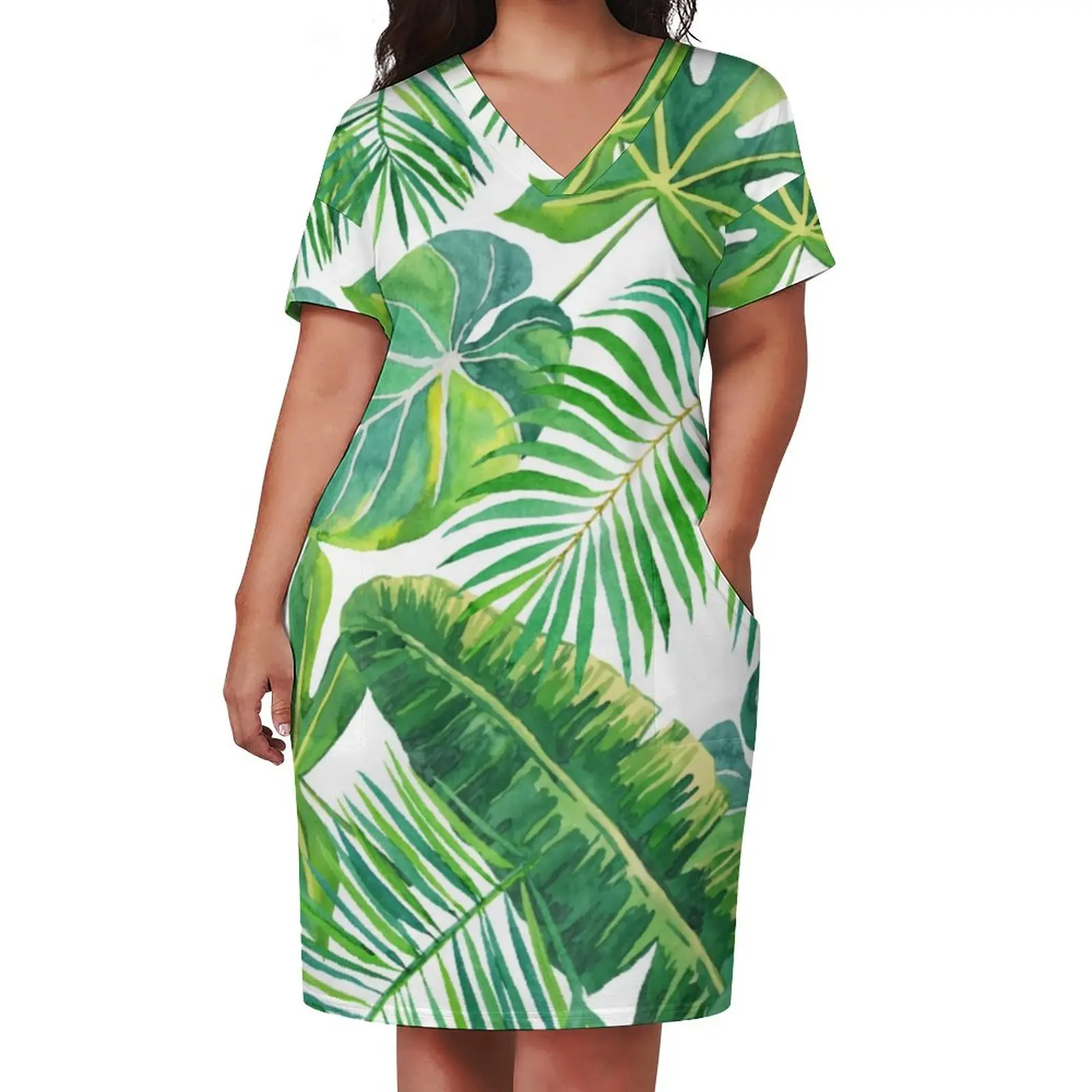 Tropical Leaves Casual Dress Female Hawaii Beach Modern Kawaii Dresses Summer V Neck Korean Fashion Pattern Dress Plus Size 5XL