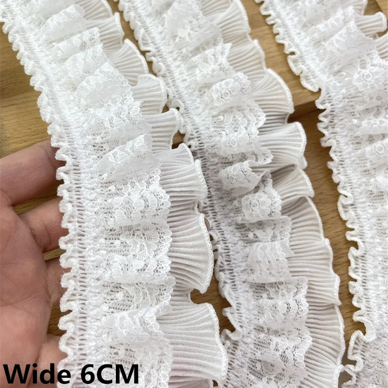 

6CM Wide Double Layers White Pleated Chiffon Elastic Lace Fabric Fringe Ribbon Skirt Cuffs Dress Collar Ruffle Trim Sewing Decor