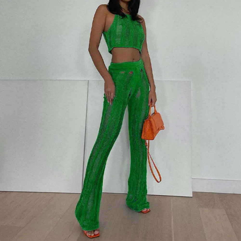 

2 Pcs/Set Stylish Sleeveless Hollow Out Tank Top Trousers Suit Women Crop Top Pants Set Casual Knit