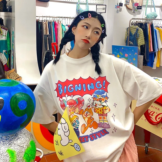 

Harajuku Style Short Sleeve T-shirt Female Student Pure Cotton Loose Funny Cartoon Printed Half Sleeve Tops Streetwear Clothes