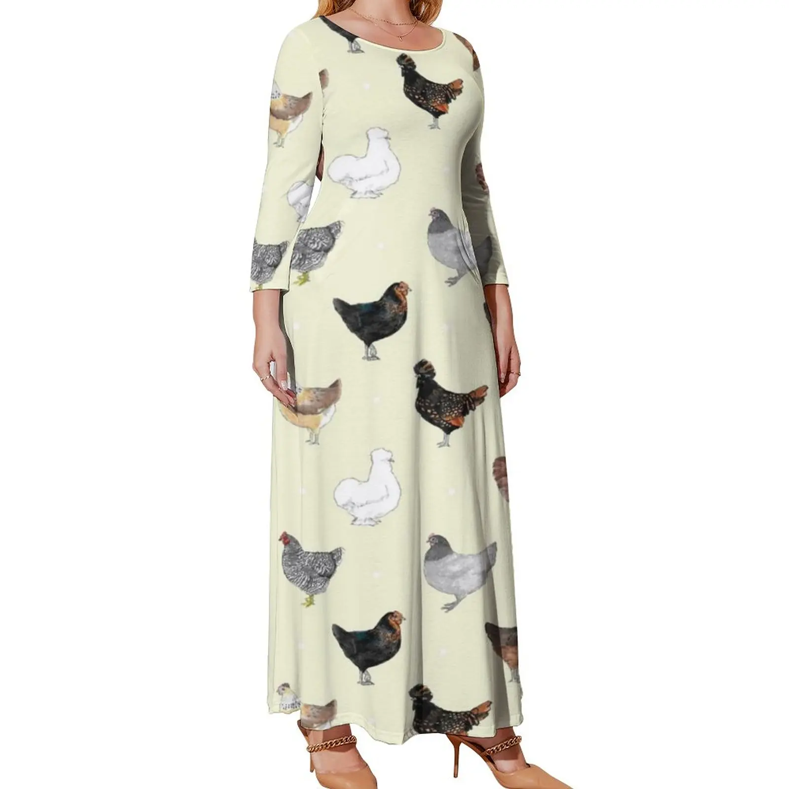 Various Chicken Dress Plus Size Cute Animal Print Cute Maxi Dress Long Sleeve Korean Fashion Beach Long Dresses Birthday Gift