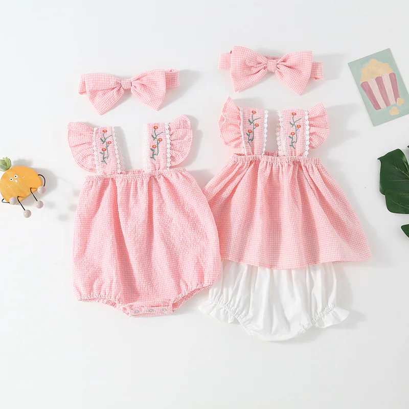 

Dibeberabbit 2022 Summer Baby Clothing Embroidered Ruffle Cute Girls Romper With Headband Toddler One Piece Baby Jumpsuit Cotton