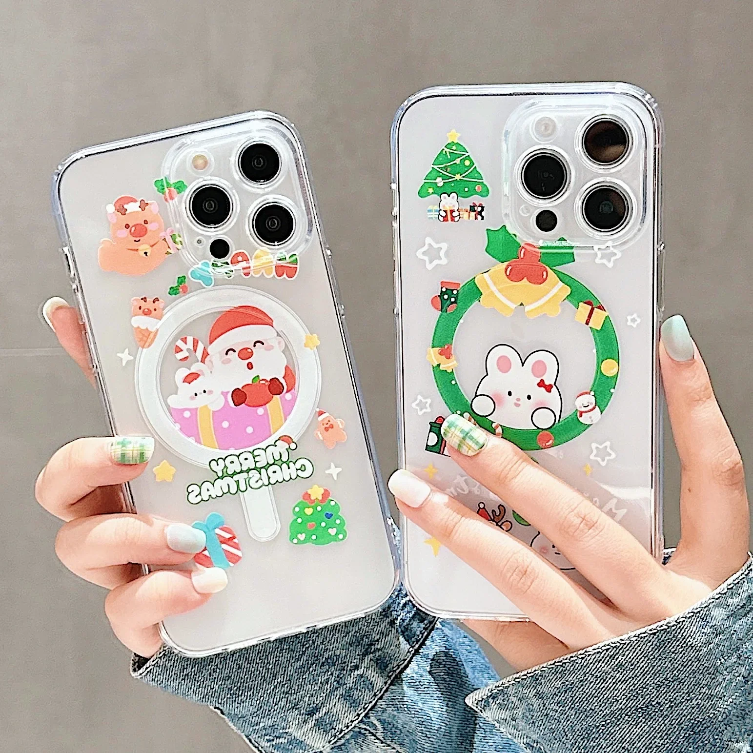 

Magnetic Cartoon Santa Claus Transparent Couple Phone Case for IPhone 15 14 13 12 11 Pro Max Plus SE Anti-fall Protective Case