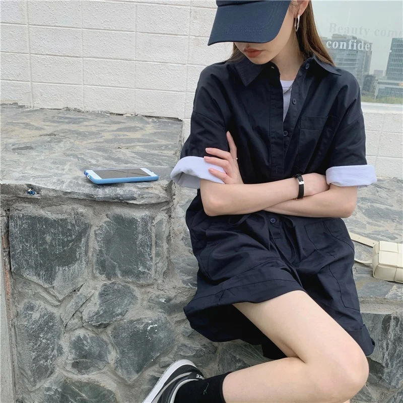 Summer New Fashion Korean Casual Loose Short Sleeve One-piece Shorts Drawstring Lace Workwear One-piece Shorts Women's Clothing