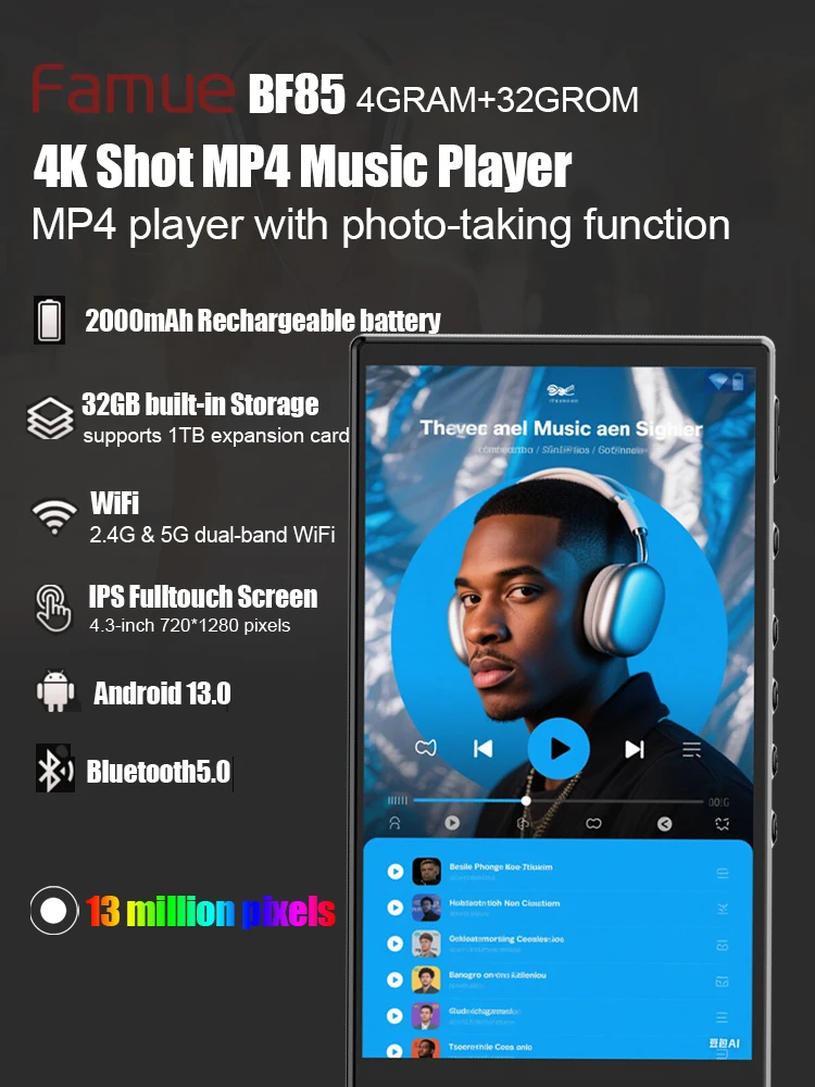 Фото Мужской MP3-плеер Famue Android 13, Bluetooth и Wi-Fi, MP3-плеер с Spotify, звуковой, Pandora, стандартная/сетевая версия №2