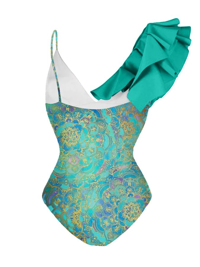 One Piece Swimsuit Women V-Neck Backless Beachwear Ruffle Asymmetrie Holiday Beach Swimwear Summer Push Up Skinny Bikini