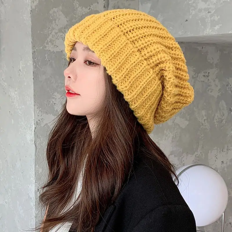 Korean Windproof Hat Winter Solid Color Thick Woolen Hats For Women Ski Slouchy Cap Skull Winter Wool Warm Caps Warm Beanies