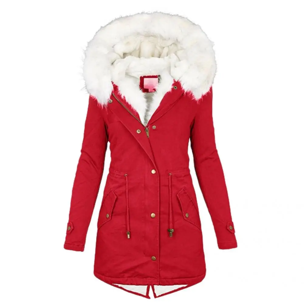 Cotton Coat Zipper Buttons Closure Super Soft Fleece Lined Multi Pockets Women Coat Waist Tight Winter Jacket for Work