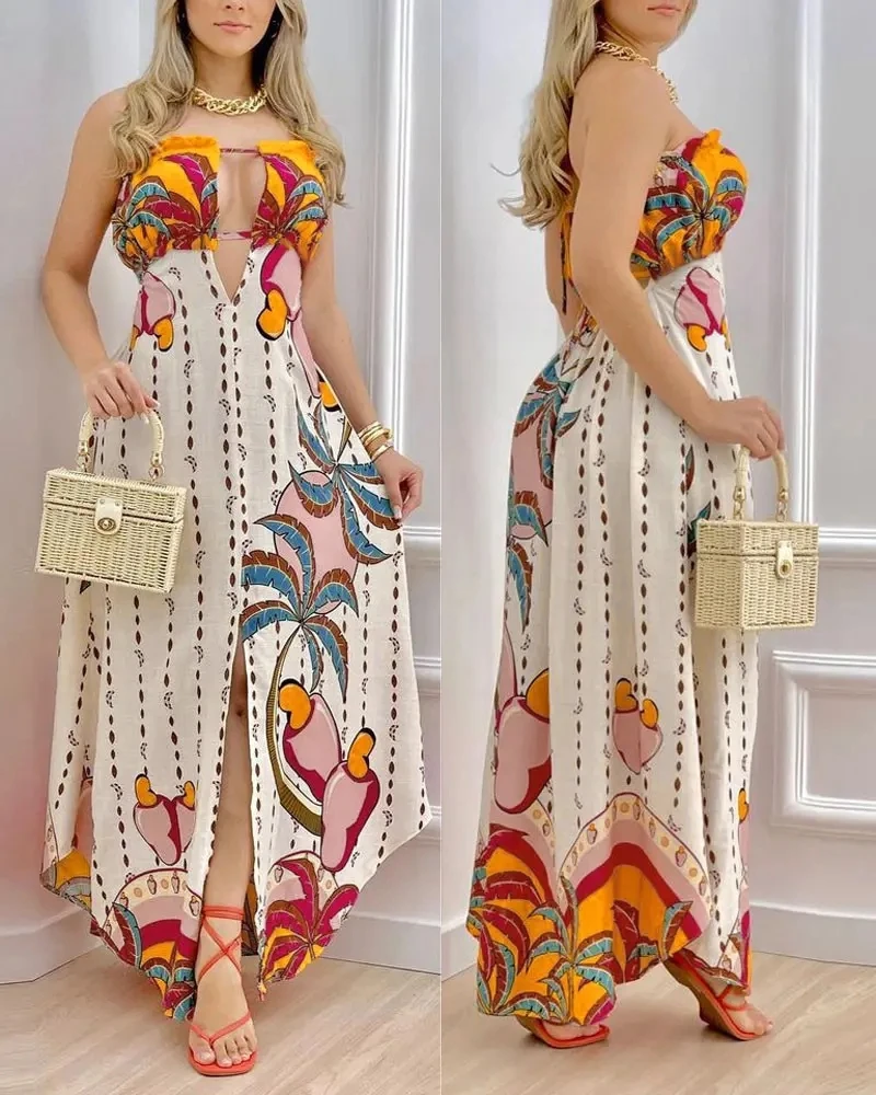 

Tropical Print Tied Detail Bandeau Maxi Dress