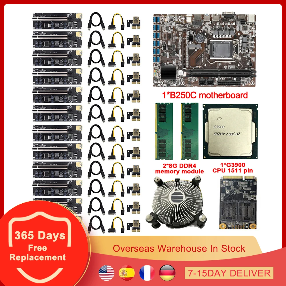 Комплект материнской платы для майнинга B250C комплект с 12 PCIE на USB3.0 LGA 1151 2X8GB DDR4 G3900