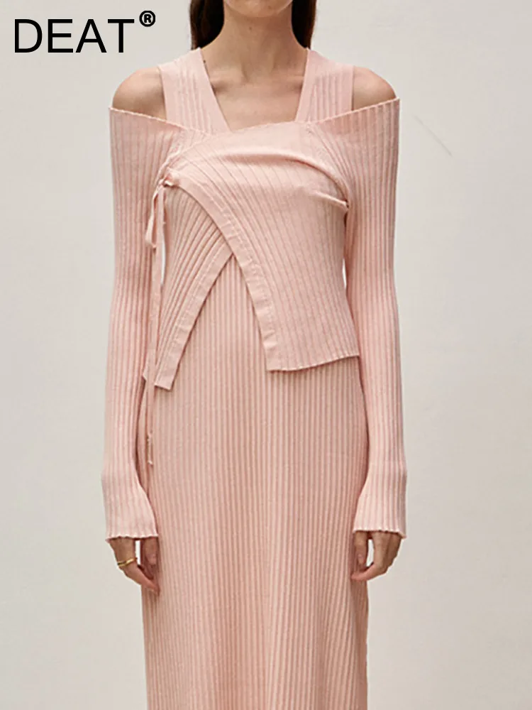 

Женская Асимметричная футболка DEAT, однотонная облегающая футболка с лямкой на шее и длинным рукавом, на шнуровке, модель 17A9174 на лето, 2022