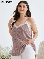 icurvee plus size tops womens sexy sleeveless lace patchwork camis 2022 summer vintage printed tanks tops casual loose tees