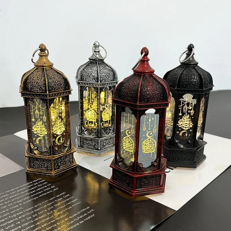 

New Ramadan Festival Decorative Wind Lantern Retro Hexagonal Night Light LED Luminous Lamp Bird Cage Ornaments Home Decorations