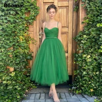 booma simple green tulle midi prom dresses spaghetti straps tea length a line wedding party dresses 2022 short evening gowns