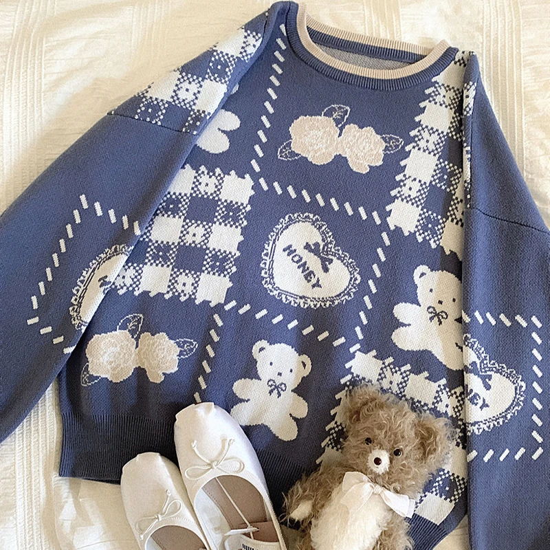 

Женский свитер с рисунком медведя, теплый вязаный пуловер свободного покроя в винтажном стиле, зима 2023