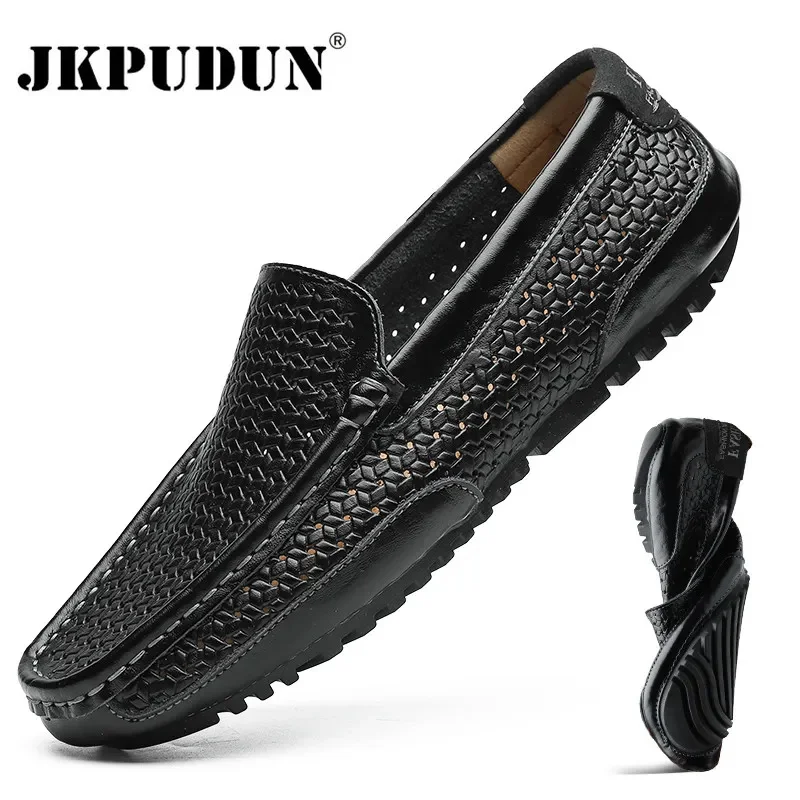 

Summer Men Shoes Casual Luxury Brand Genuine Leather Mens Loafers Moccasins Italian Breathable Slip on Boat Shoes Black