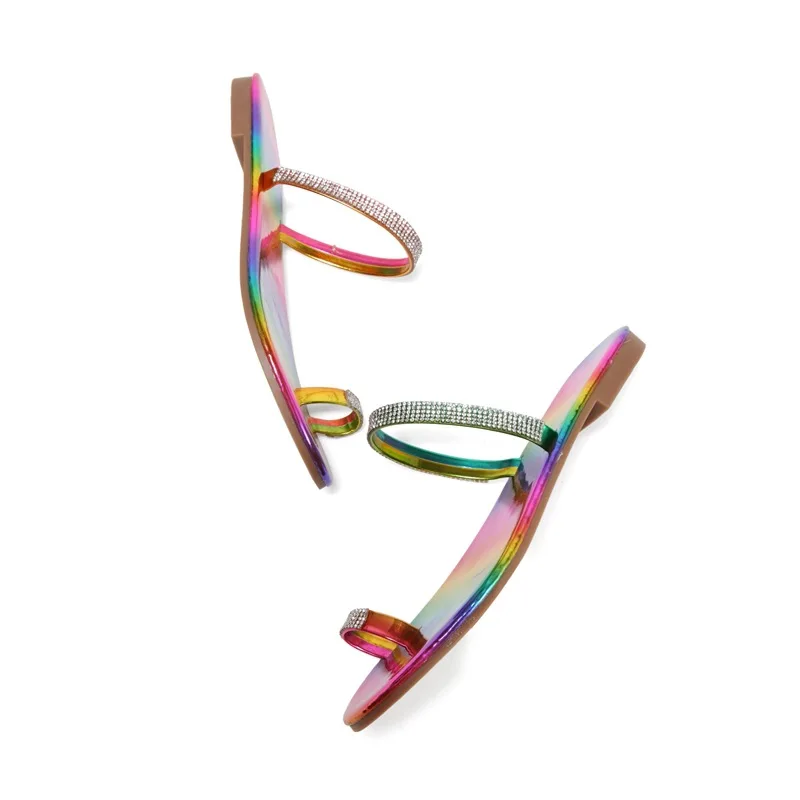 Summer Casual Beach Flats Shoes Flip Flops Women Slippers Slip On Slides Rainbow Rhinestones Fashion Slippers Sandals Woman Shoe