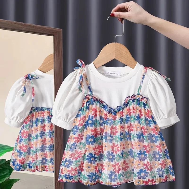 

Cotton baby kids girls fake two summer T-shirts girls baby children's clothes lace versatile short sleeved tops P4 634