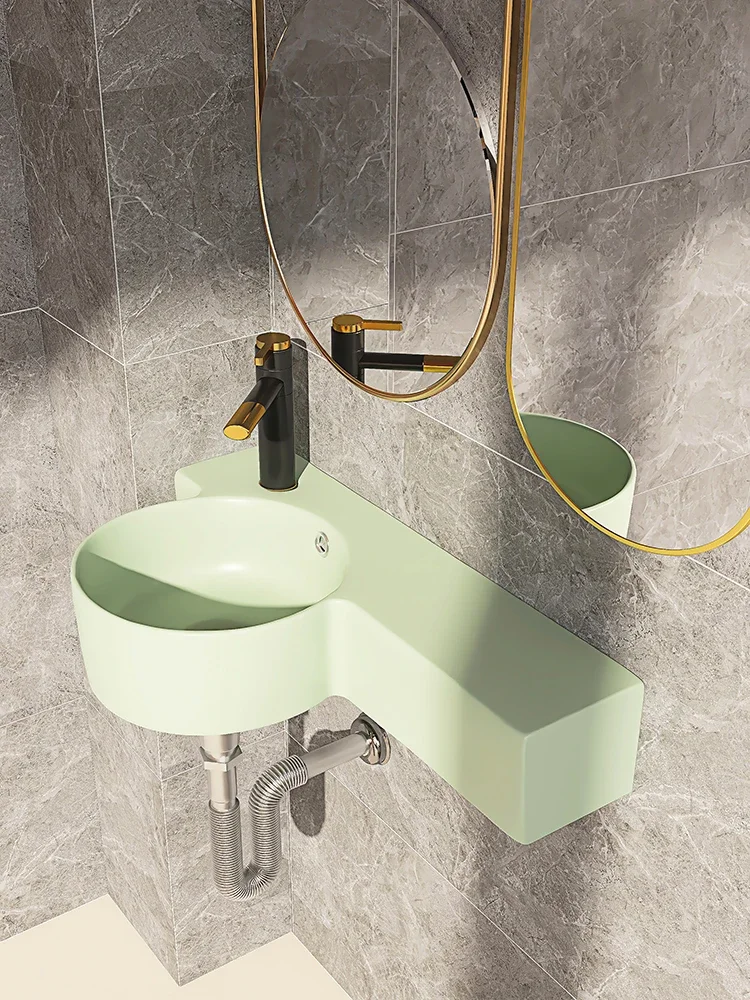 

Small Apartment Bathroom Wash Basin Mini Ceramic Washbasin Wall-Mounted Green Ultra Narrow Small Size Table Top Whole Washbin