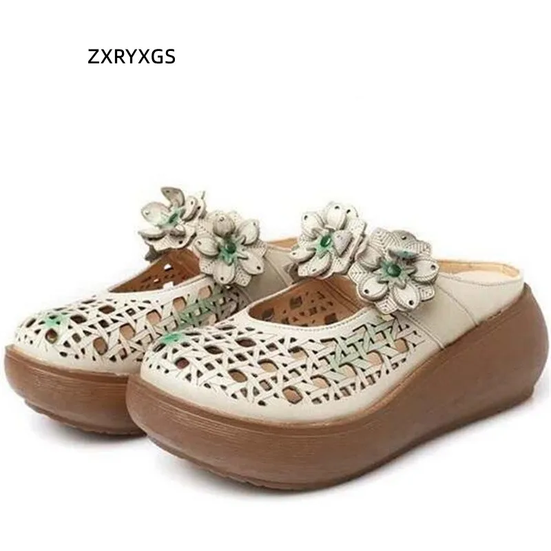 

2022 Summer Premium Pu Hollow Round Toe Leather Slippers Fashion Sandals Thick Sole Wedges Slippers Increase Shoes Woman Sandals