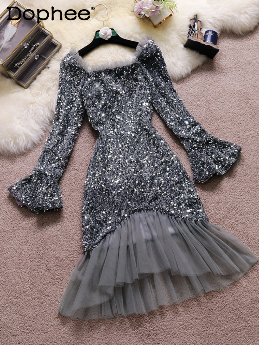

Heavy Embroidery Sequins Ruffled Mesh Fishtail Dress for Women 2022 Autumn Winter New Square Collar Bell Sleeve Bodycon Dress