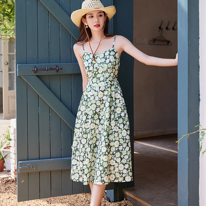 

Летнее шифоновое платье на бретелях-спагетти, женские сексуальные повседневные облегающие длинные платья средней длины без рукавов с открытой спиной и цветочным принтом, женское платье