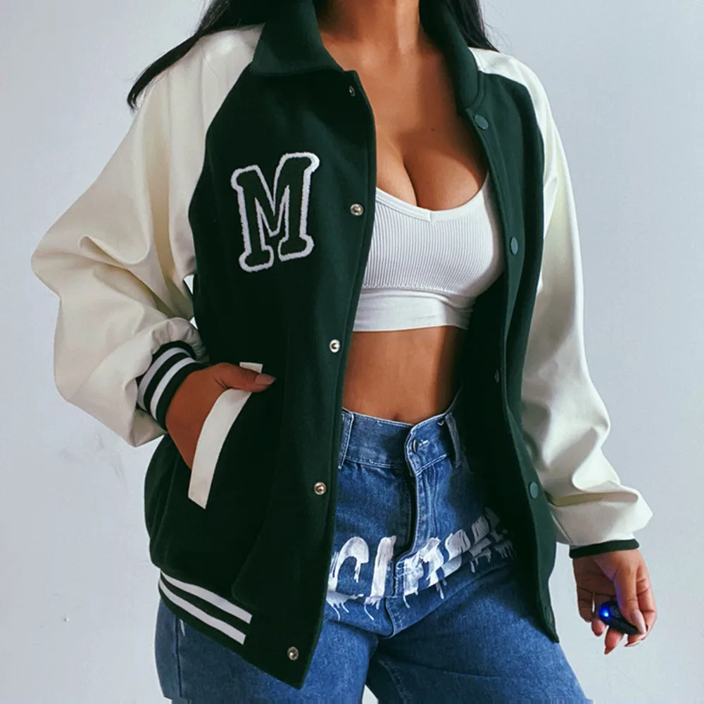 

Женская модная спортивная свободная универсальная бейсбольная куртка с контрастным отложным воротником, новинка 2022