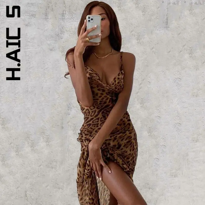 

H.Aic S Women New Dress Temperament Leopard Print V-Neck Sexy Bodycon Long Dress Streetwear Stylish Leisure Female Vestidos