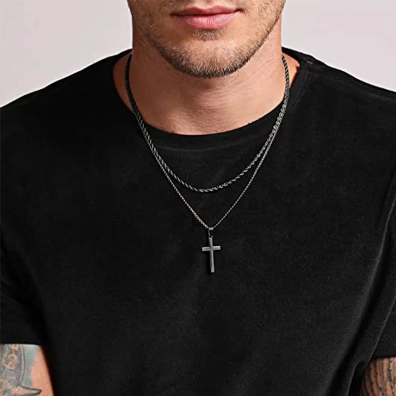 Vintage Men's Cross Necklaces Silver Black Gold Layered  Pendant Necklace Chain  Jewelry for Women Men