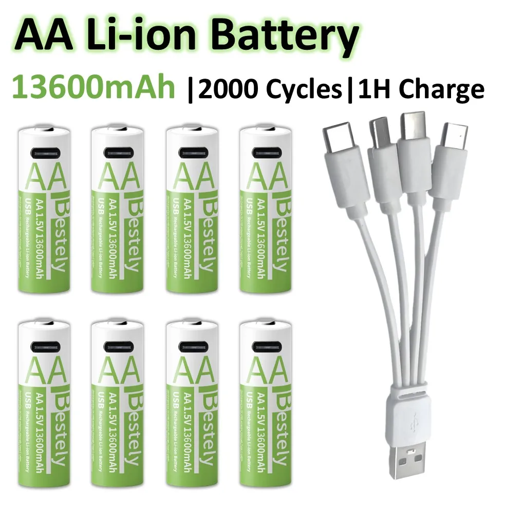 Фото 1,5 В, 13600 мАч, аккумулятор AA, перезаряжаемая от USB-C, литиевая батарея с быстрой зарядкой и бесплатным кабелем, 2000 циклов для камер, игрушек, мышей №1