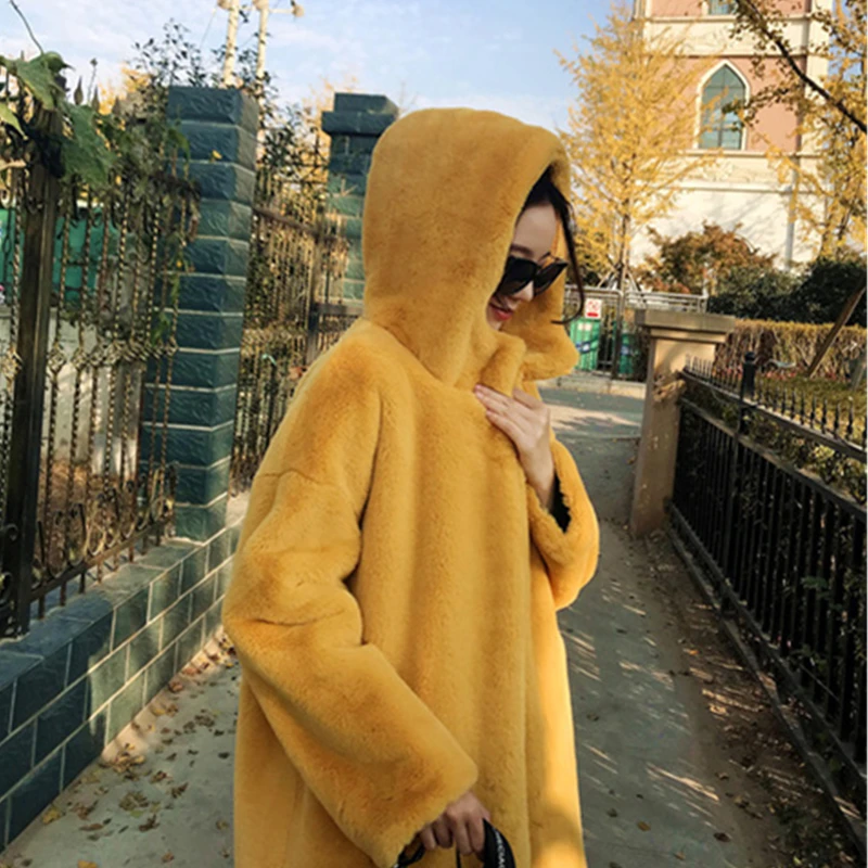 Hooded New Winter Solid Women Faux Fur Coats Ladies Thicken Warm Outwear Faux Rabbit Fur Jackets Female Loose Long Overcoat 2021