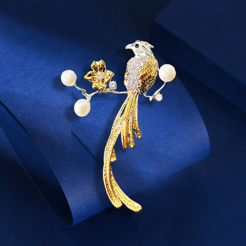 Брошь в виде птицы национальном стиле с цирконами и ветками элегантная брошь