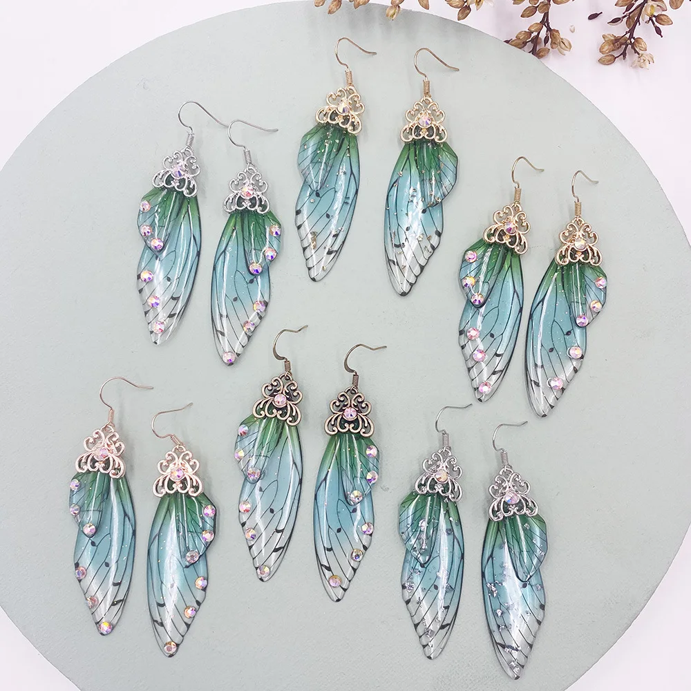 

Fairy Rainbow Gradient Resin Butterfly Wing Drop Earrings for Women Rhinestone Glitter Simulation Insect Dangle Earrings Jewelry