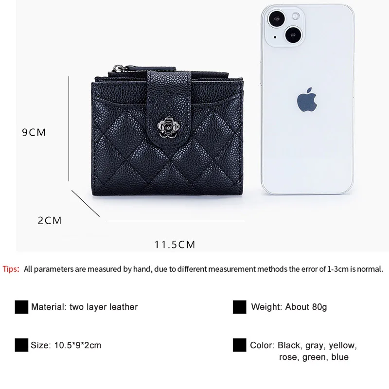 Women's Short Cowhide Wallet Diamond Fold Card Holder Lady's Genuine Leather Wallet Multiple Card Slots Coin Purse Money Clip