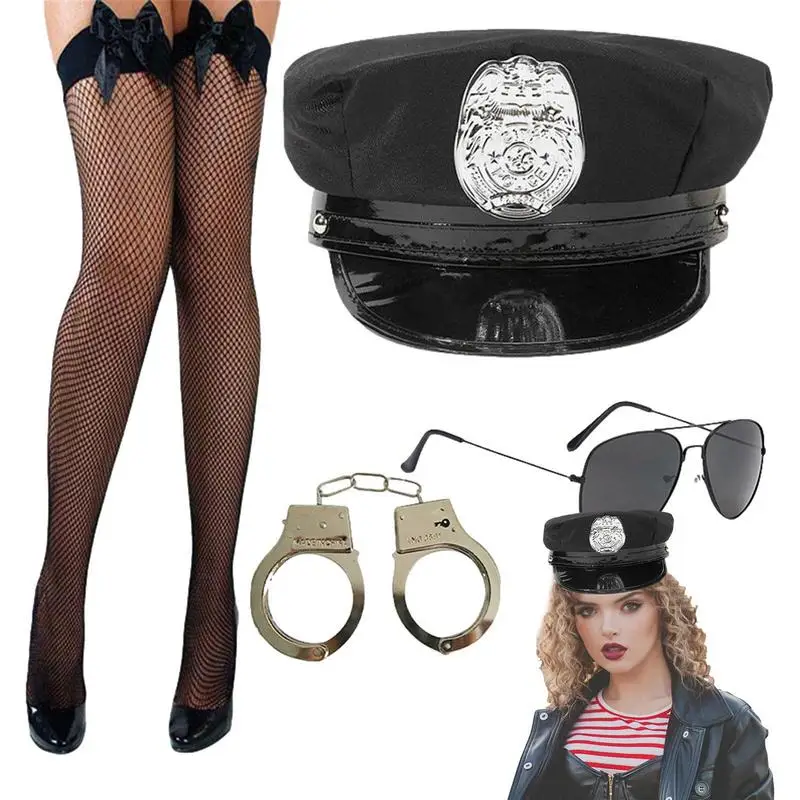 

Halloween Sexy Policewoman Officer Stocking Costume Set With Lace Stockings Women Thigh High Stocking Mesh Hold Up Stockings For