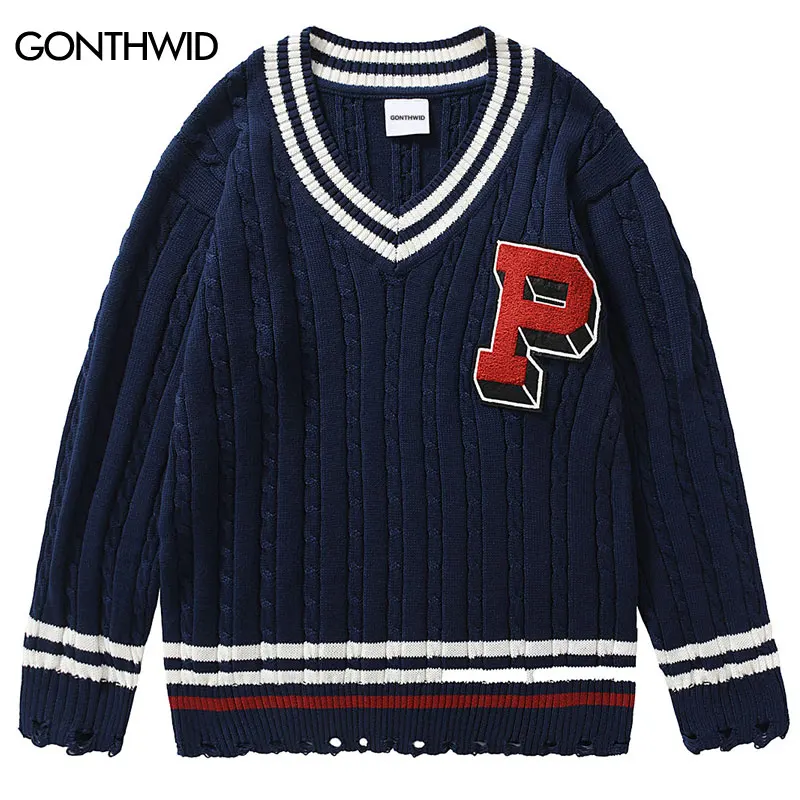 

Мужской трикотажный свитер в Корейском стиле с Вышивкой Букв и V-образным вырезом, пуловер, джемпер, свитеры, уличная одежда, Повседневный св...