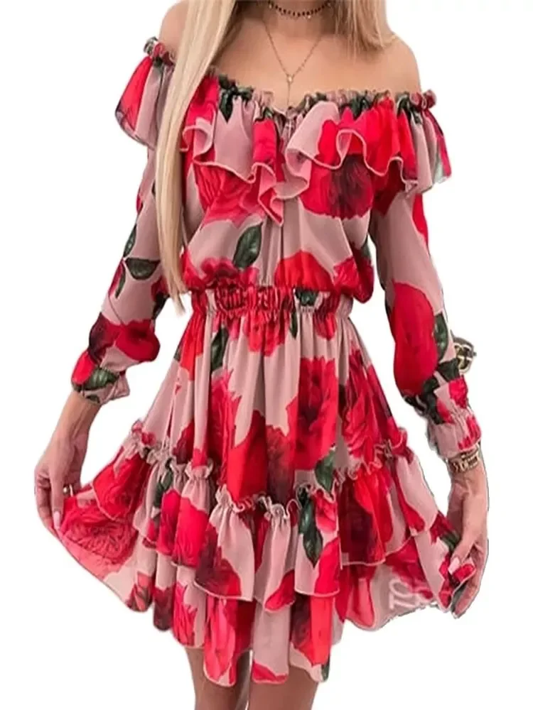 

Sexy Pink Off Shoulder Floral Print Summer Dress 2022 Women Casual Mesh Sleeve Tiered Ruffle Chiffon Boho Mini Flower Dress Lady
